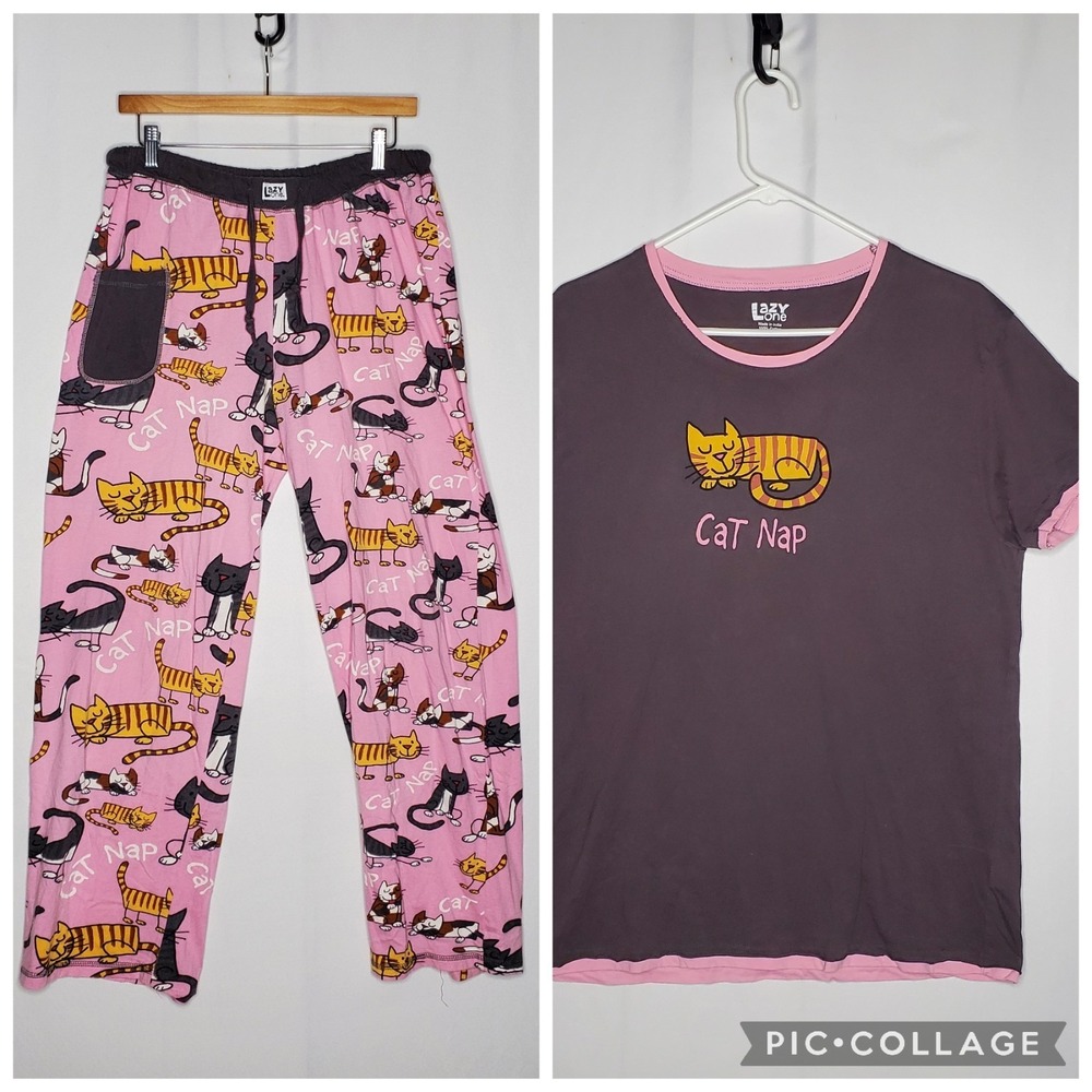 Lazy One Cats Pajamas Set Women Medium Brown Pink Retro Cotton